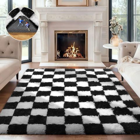 Ophanie checkered black and white rug with fluffy texture for cozy living spaces