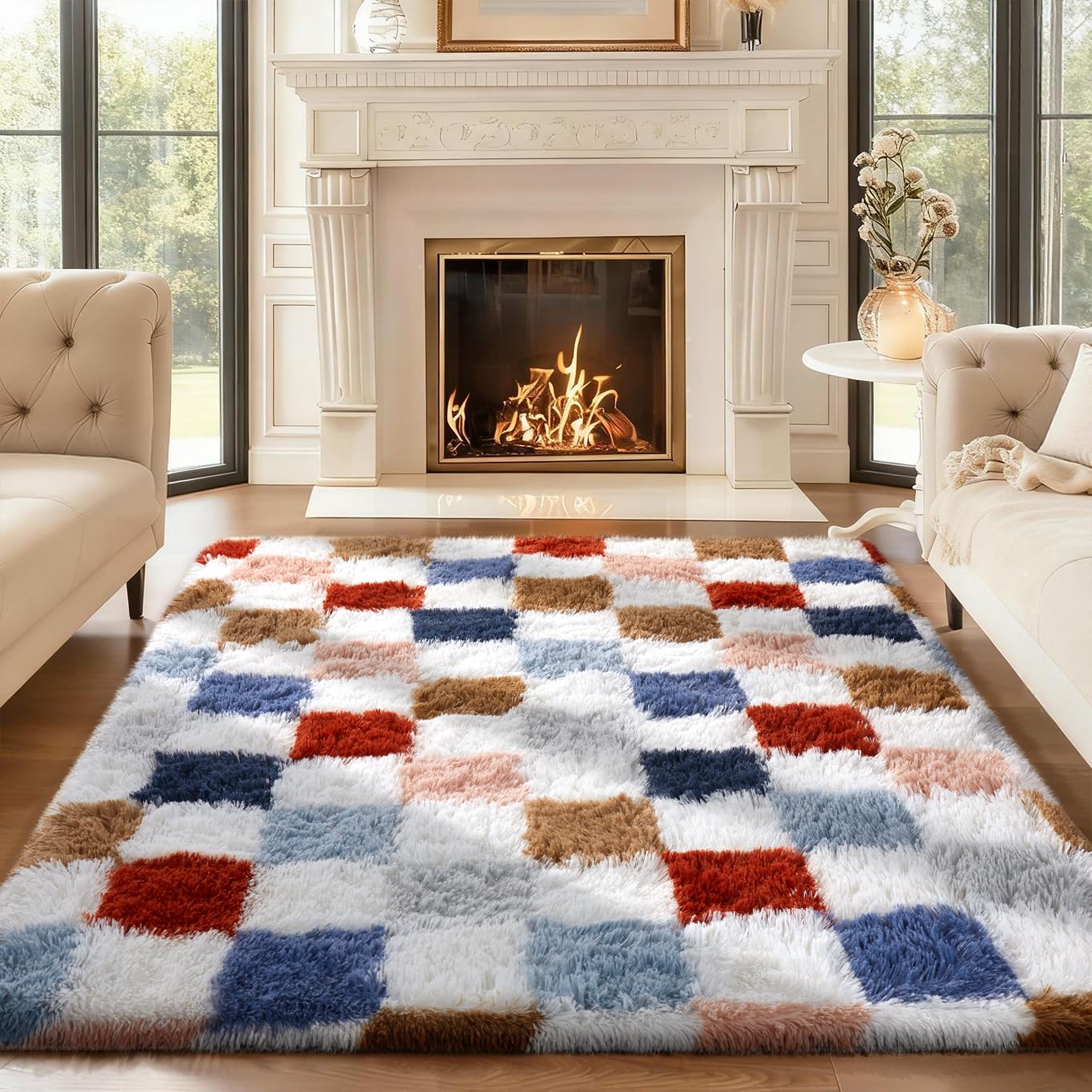 Ophanie checkered rainbow rug offers plush comfort for living rooms.