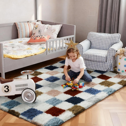 Ophanie colorful shag rug nursery brings playful color and tummy-time-friendly surface.