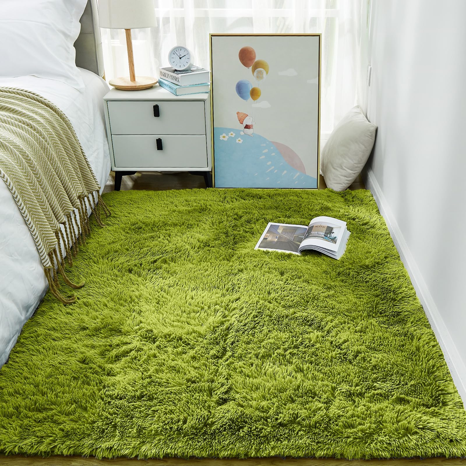 Ophanie Green Grass area rug with a soft shag surface for cozy bedroom floors.