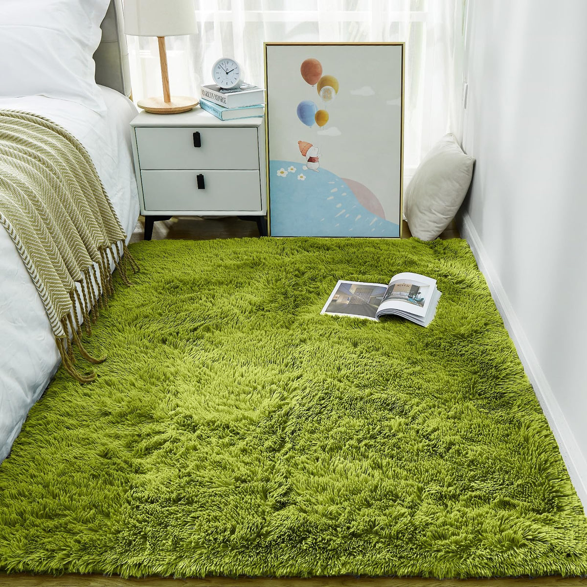Ophanie Green Grass area rug with a soft shag surface for cozy bedroom floors.