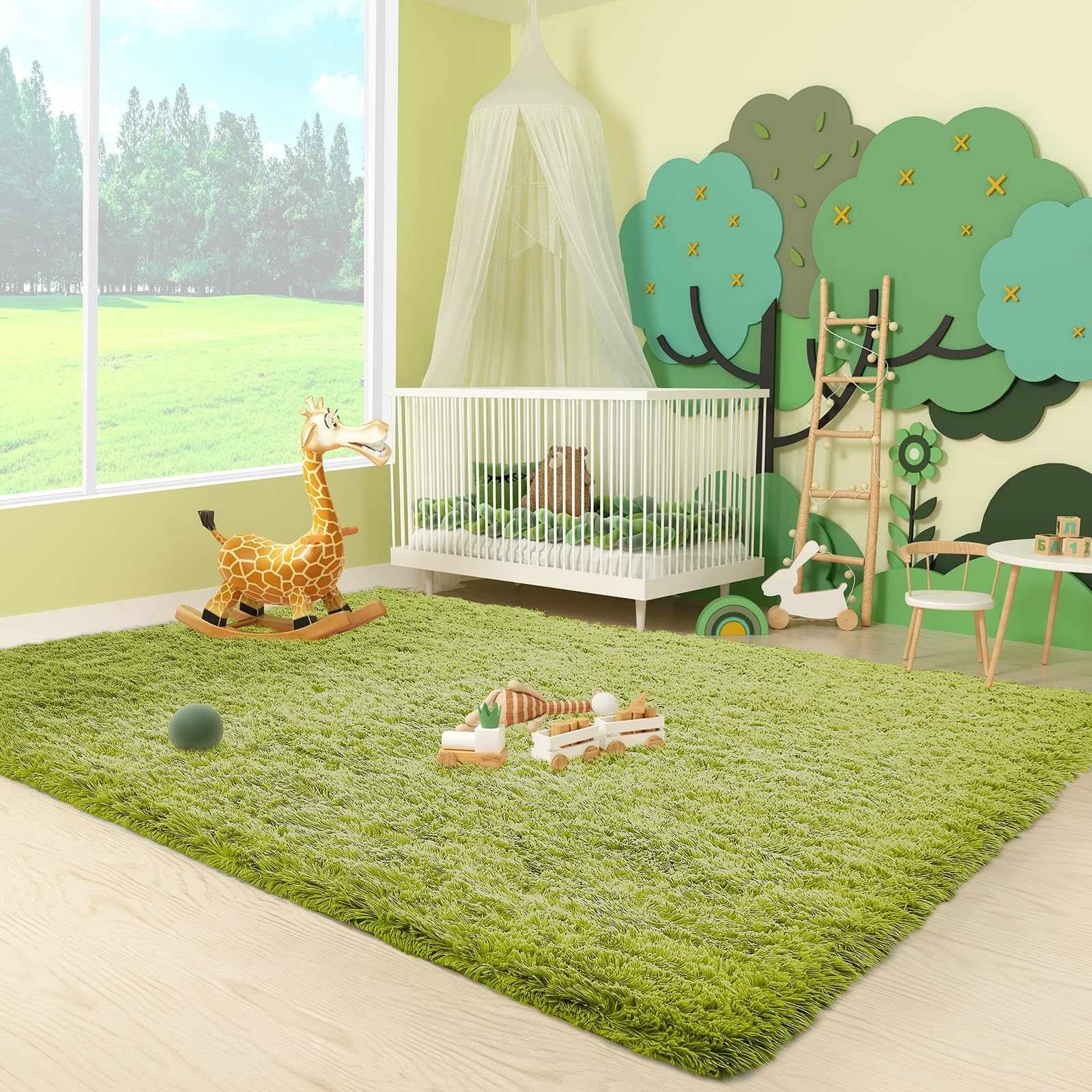 Ophanie Green Grass area rug non-slip bottom helps it stay in place.