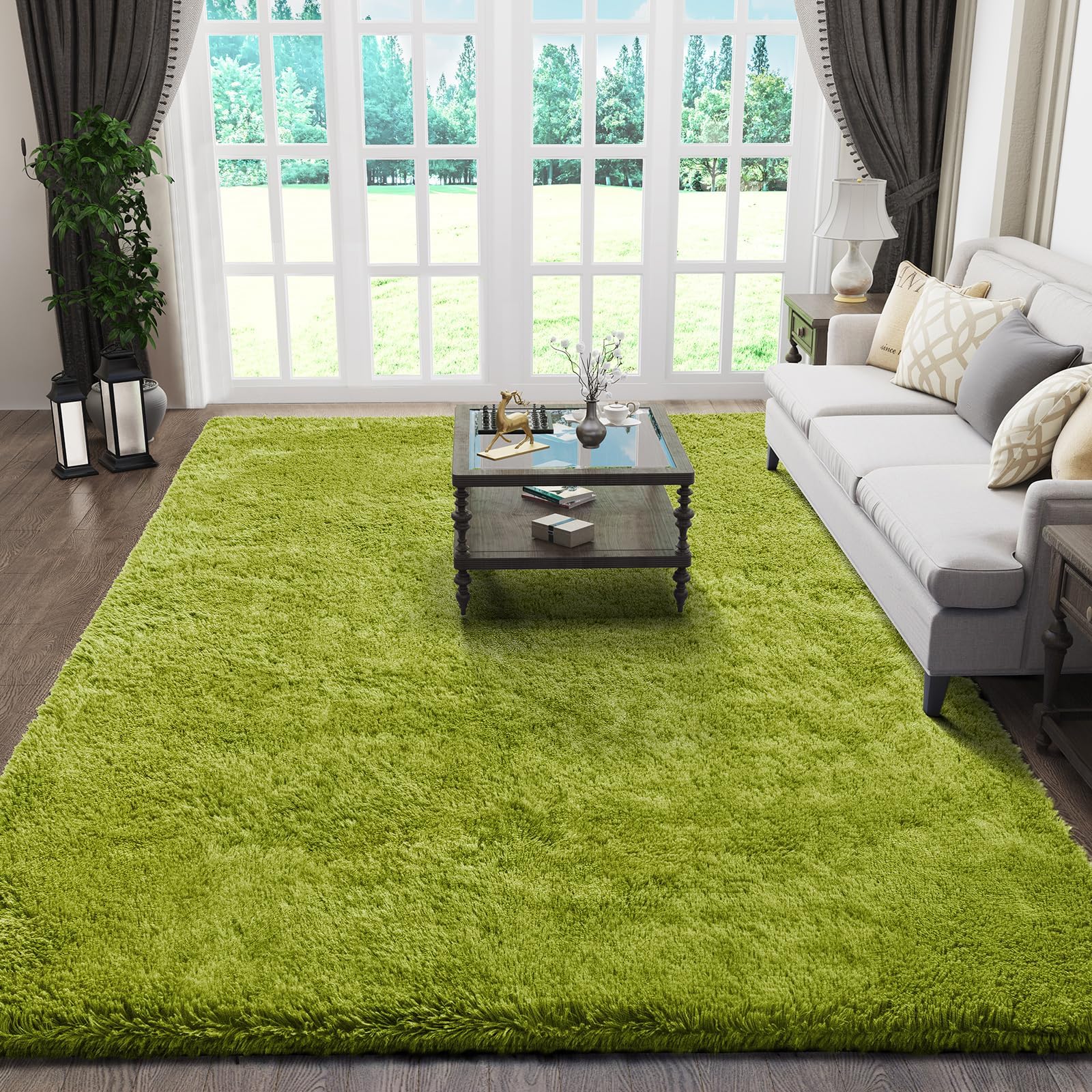 Ophanie Green Living Room Rug with grass shag adds cozy warmth to floors.