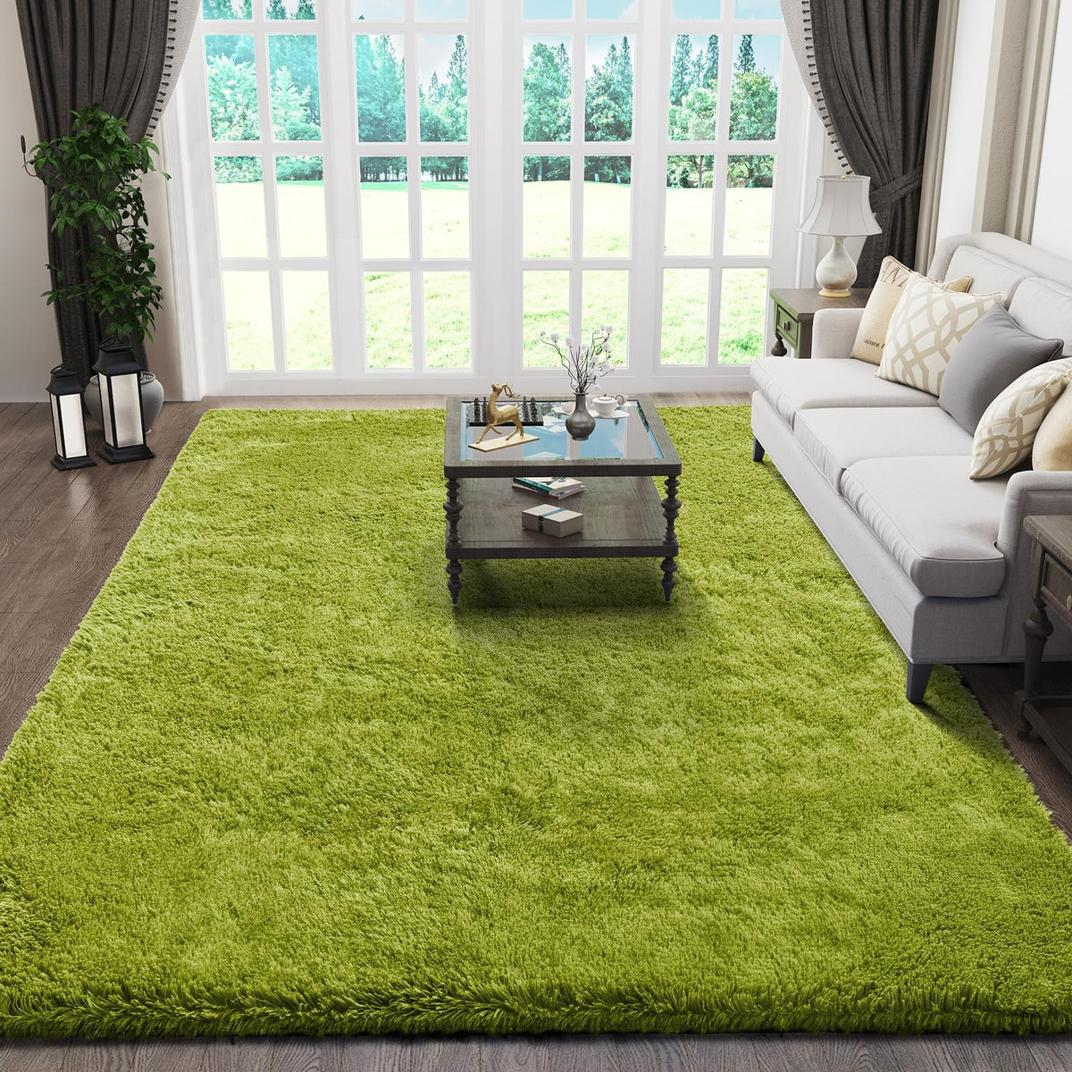 Ophanie Green Living Room Rug with grass shag adds cozy warmth to floors.