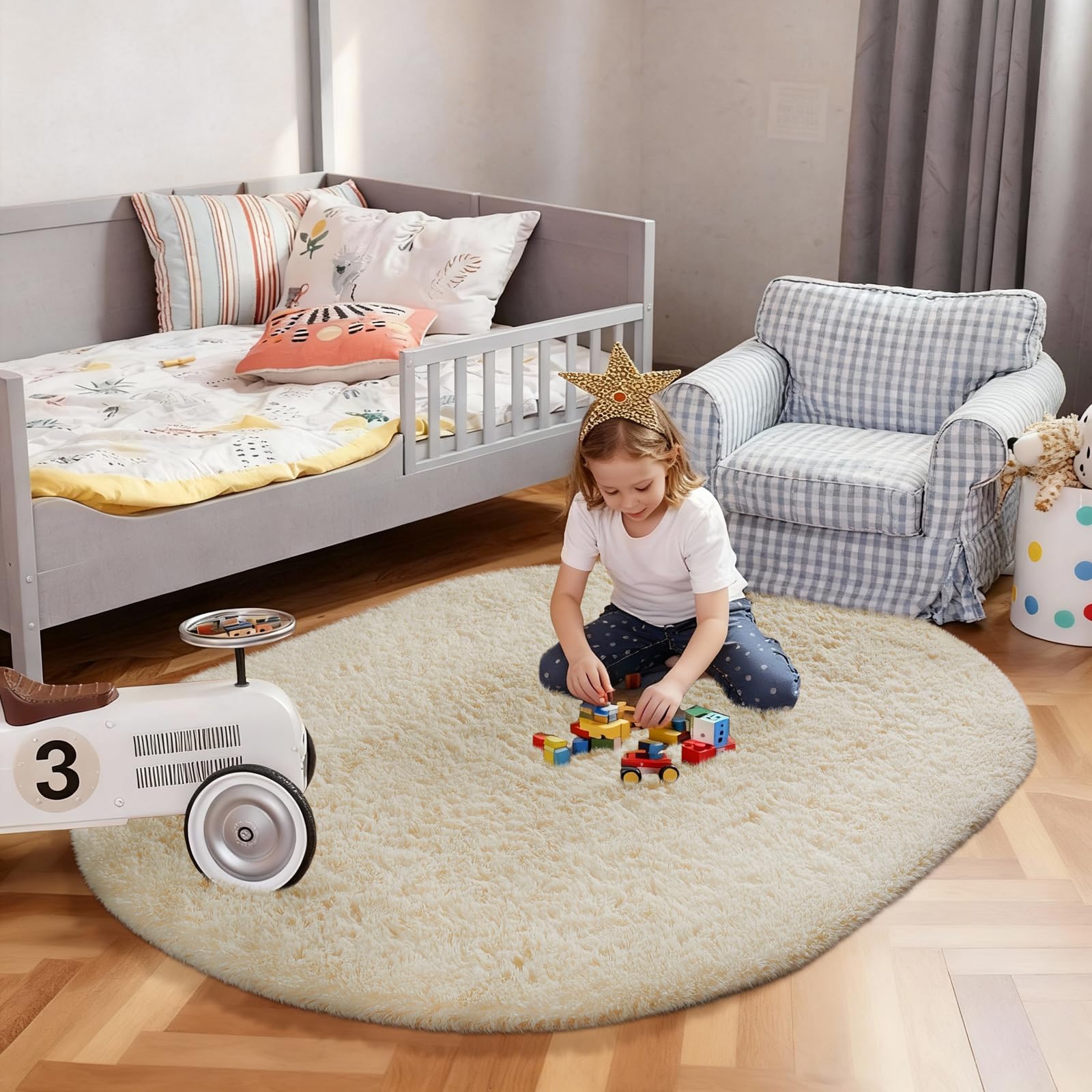 Ophanie ivory rug is kid- and pet-friendly with soft feel