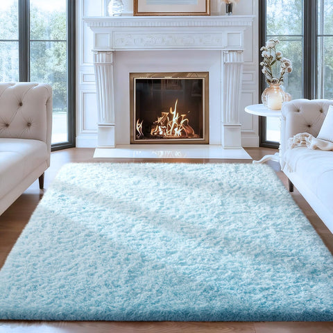 Ophanie Light Blue Rug provides plush comfort in a kids' bedroom for cozy playtime.