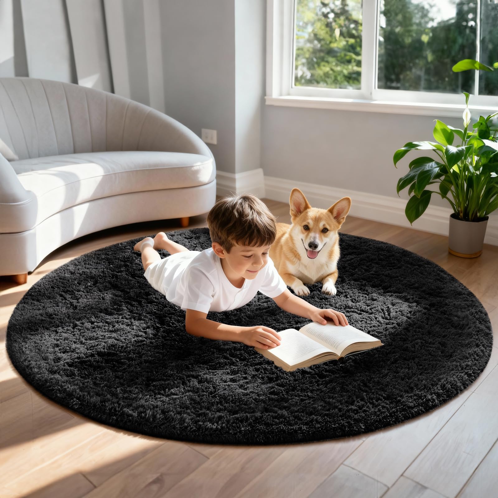 Ophanie non-slip bottom round rug helps keep play areas safe.