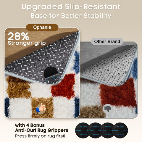 Ophanie non-slip bottom rug stays put on wood floors.