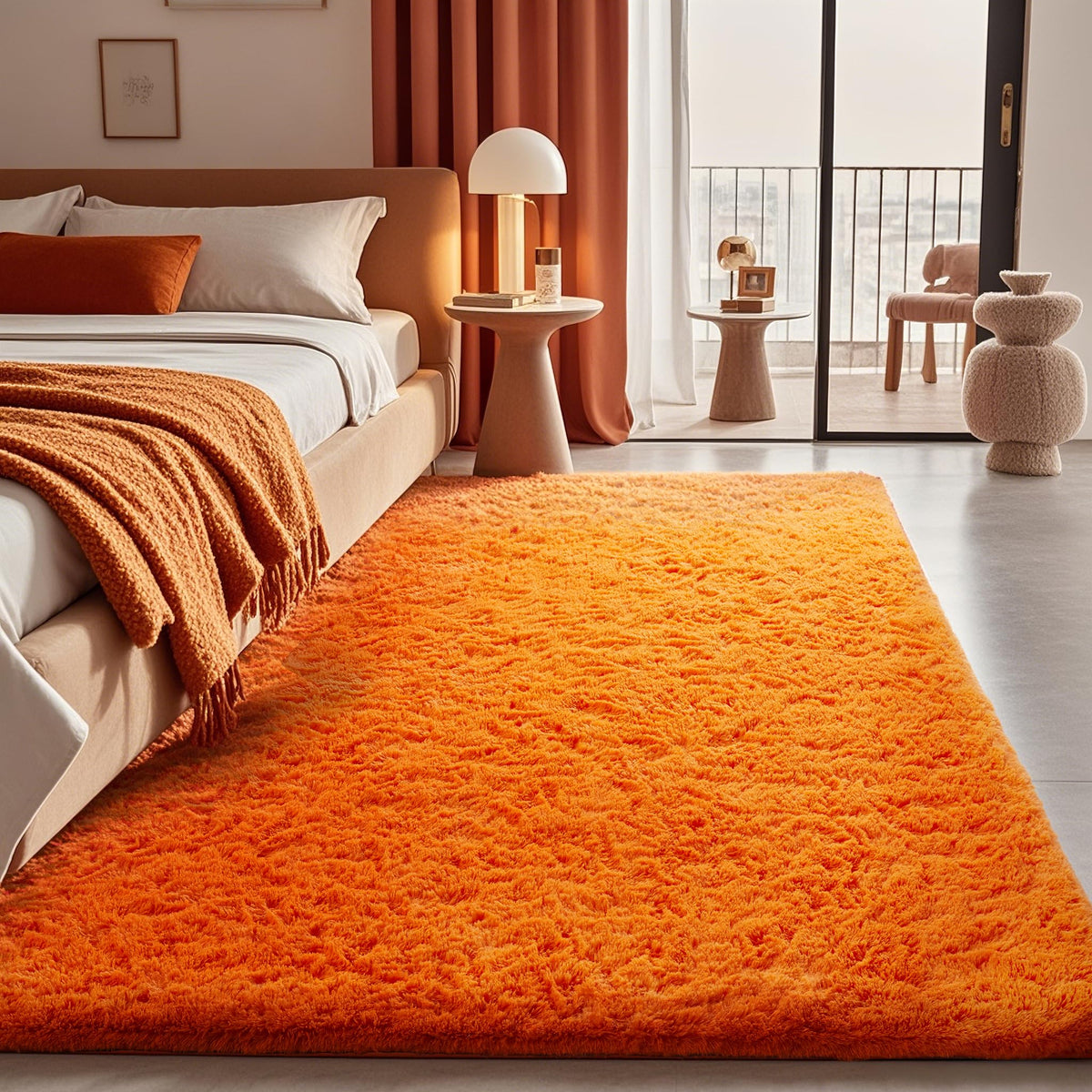 Ophanie orange fall rug for bedroom with soft, plush texture and non-slip backing.