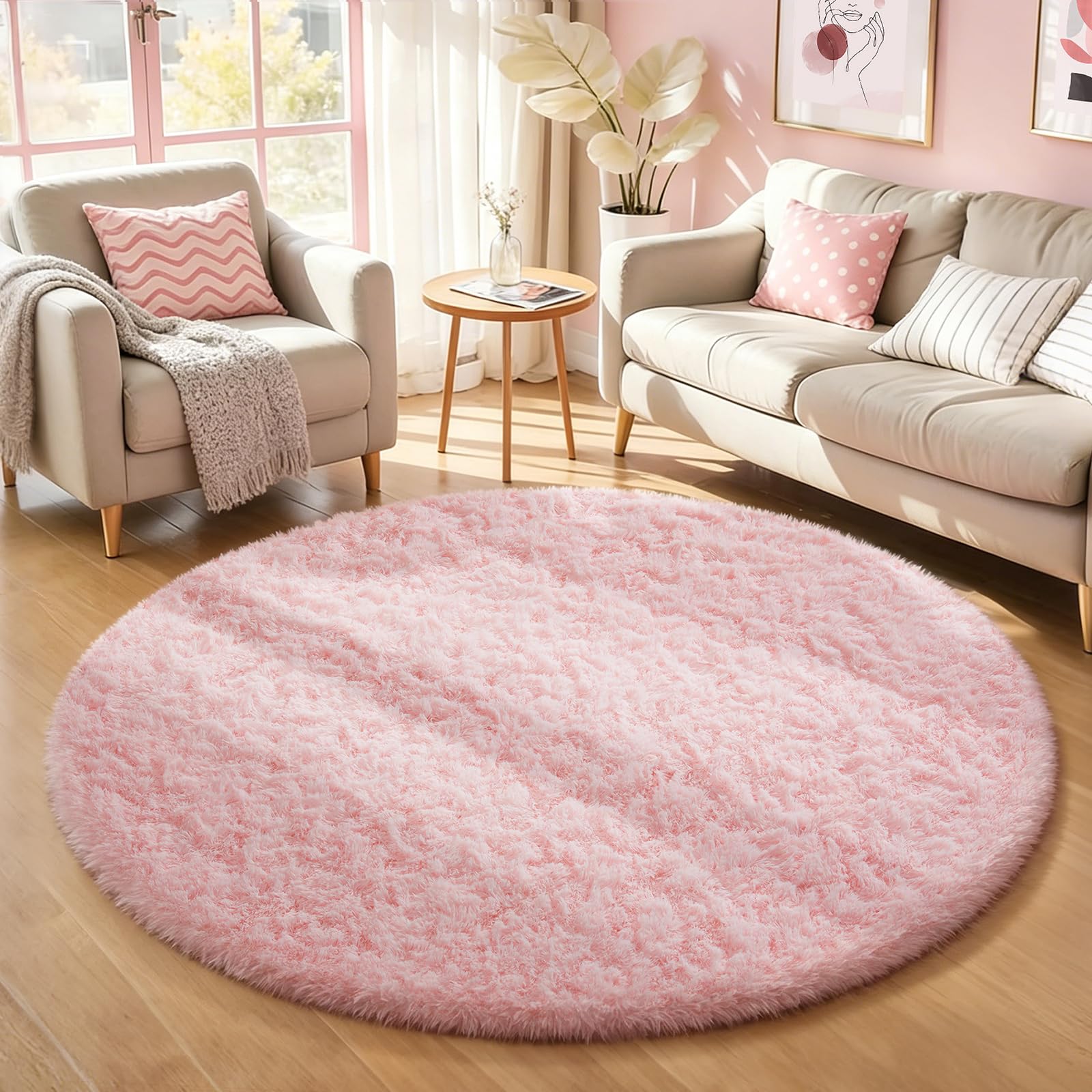 Ophanie Pink Round Rug closeup shows soft texture for cozy barefoot comfort