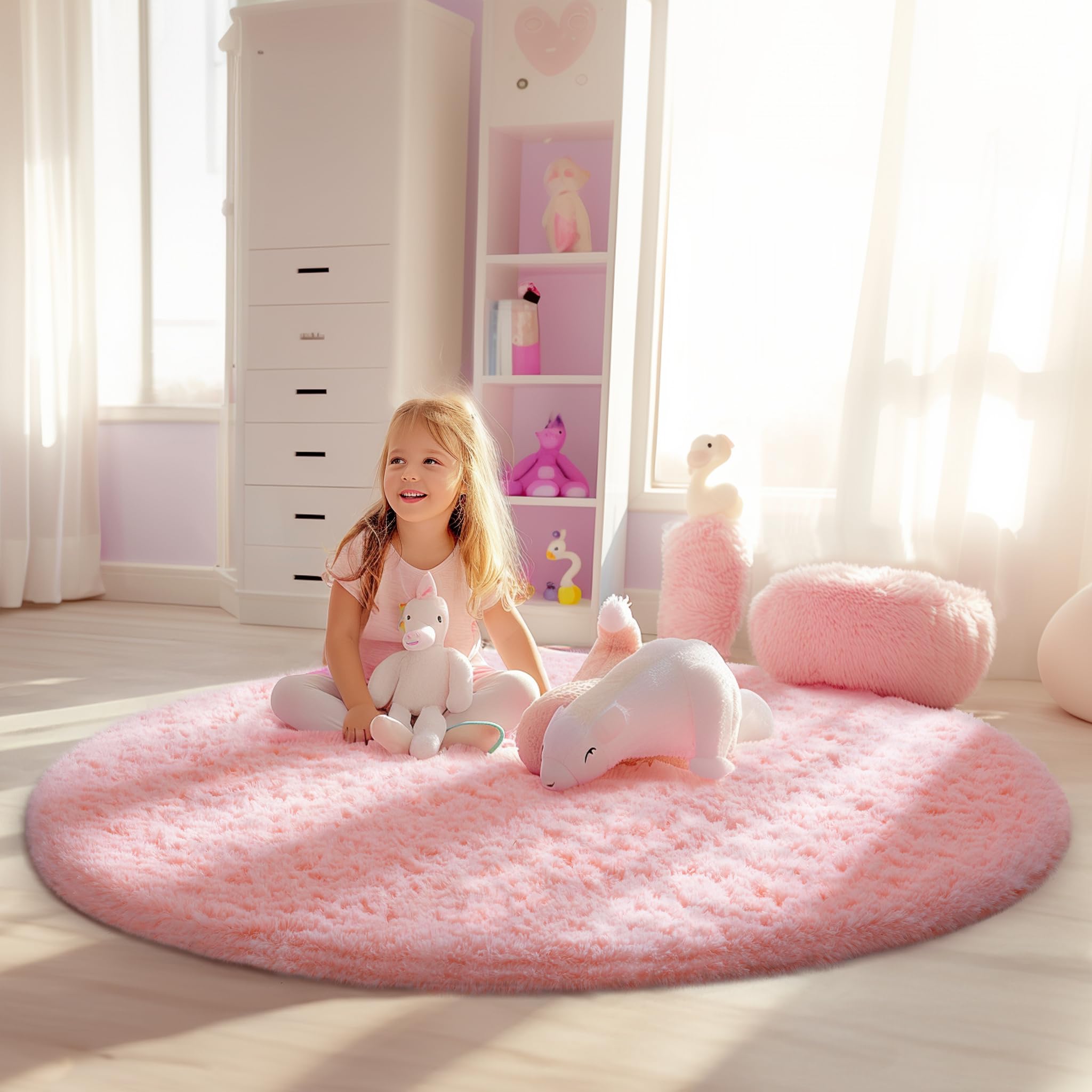 Ophanie Pink Round Rug ideal for nursery tummy time and barefoot play