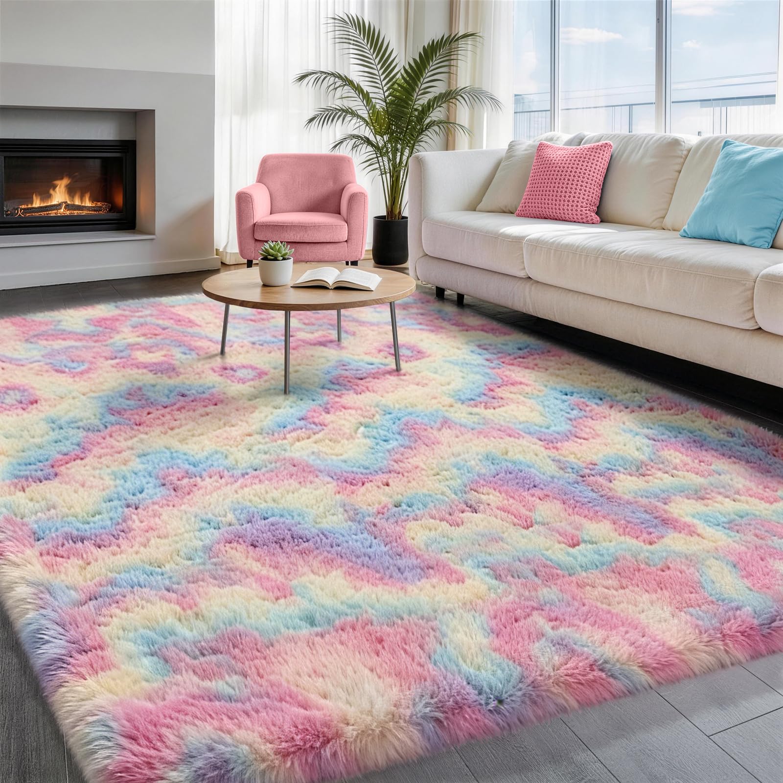 Ophanie Rainbow Rug in a cozy bedroom with unicorn colors for kids' play