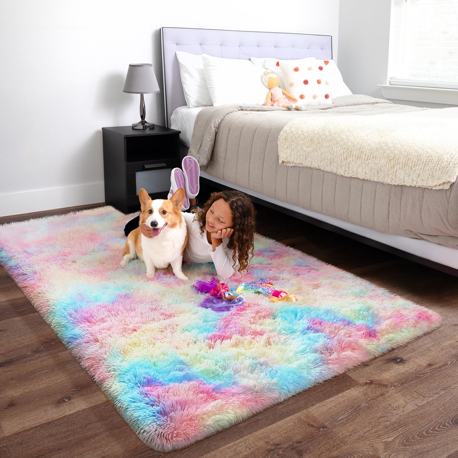 Ophanie Rainbow Rug shows layered look ideal for hygge decor