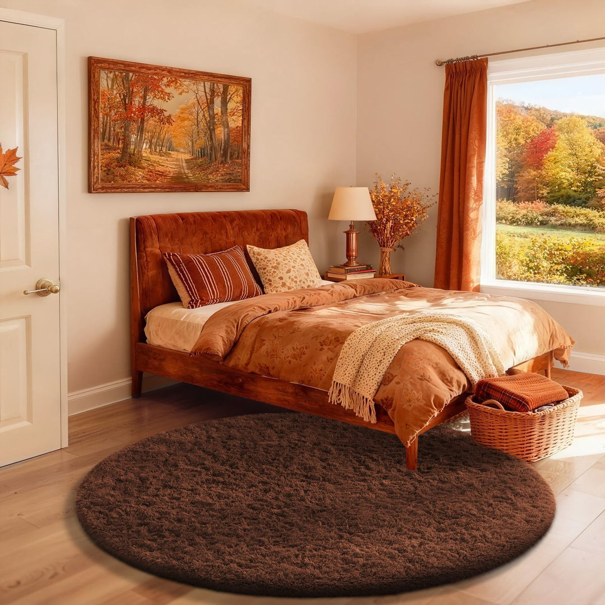 Ophanie round rug 4ft brown circle closeup shows plush shag texture for cozy floors.