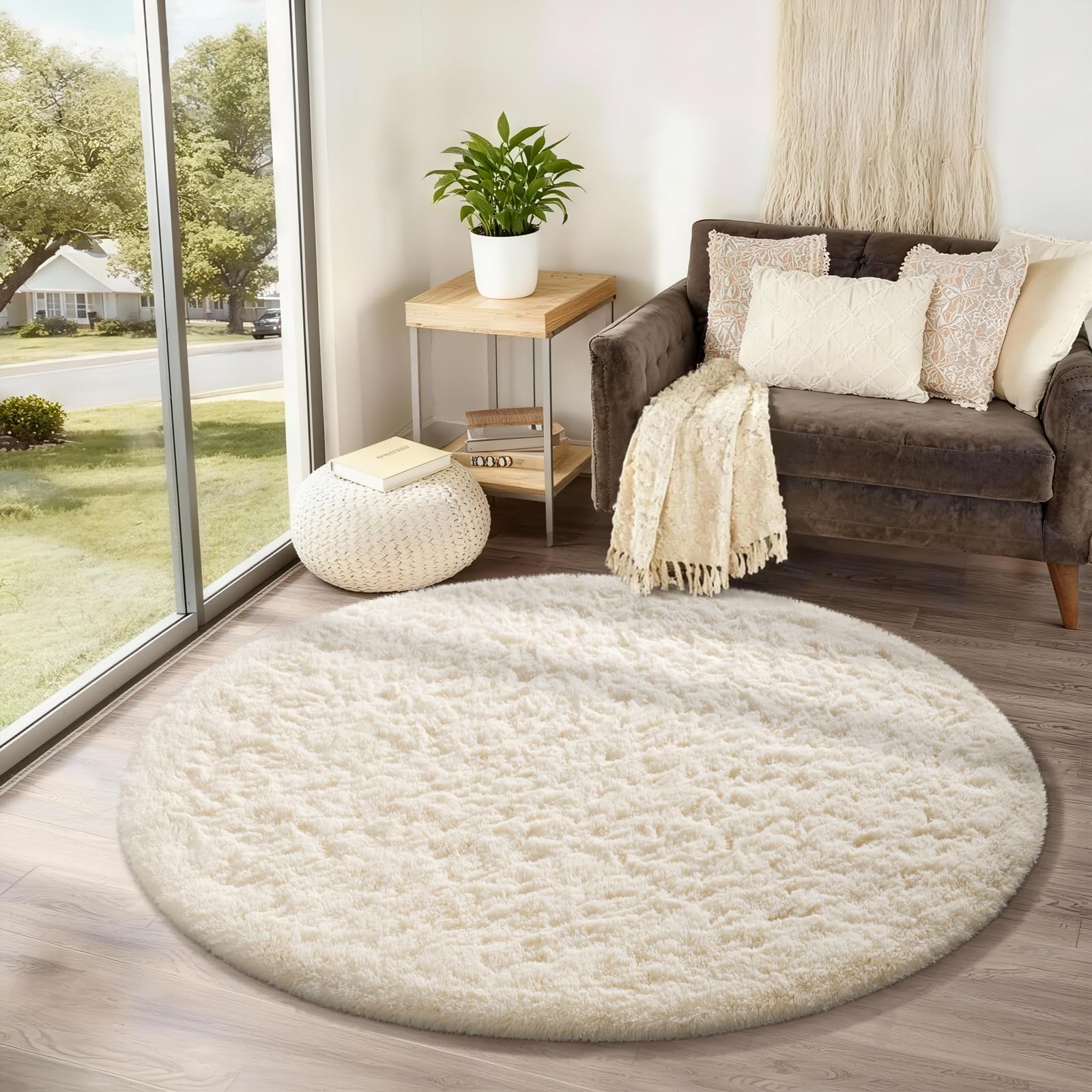 Ophanie round rug 4ft ivory circle plush pile for cozy living spaces