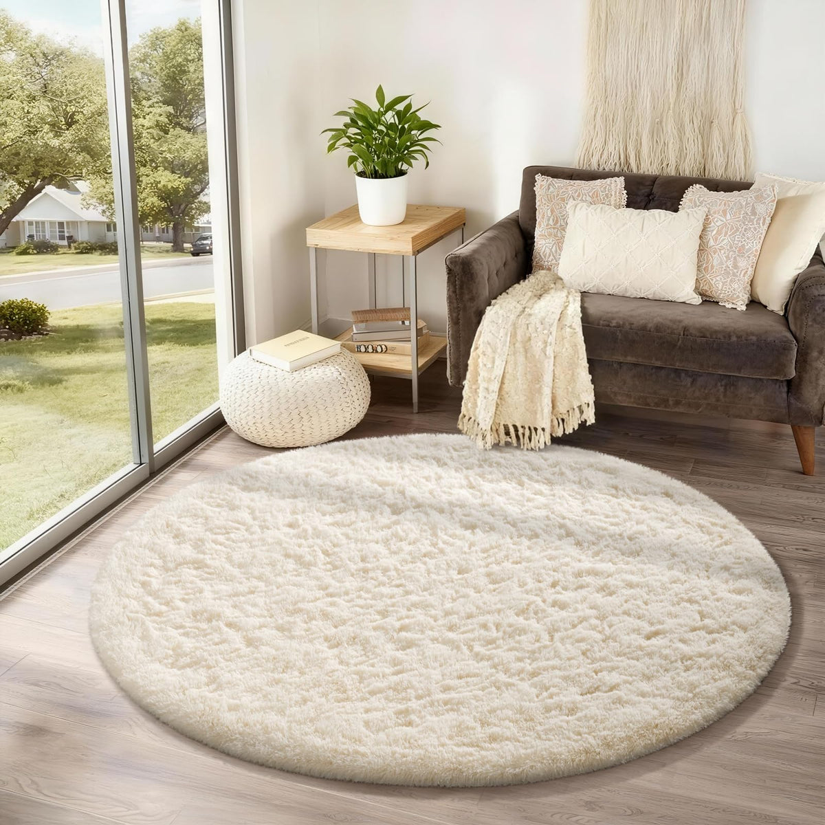 Ophanie round rug 4ft ivory circle plush pile for cozy living spaces