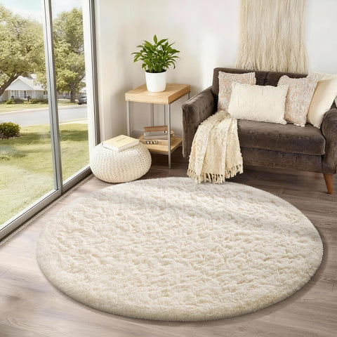 Ophanie round rug 4ft ivory circle plush pile for cozy living spaces
