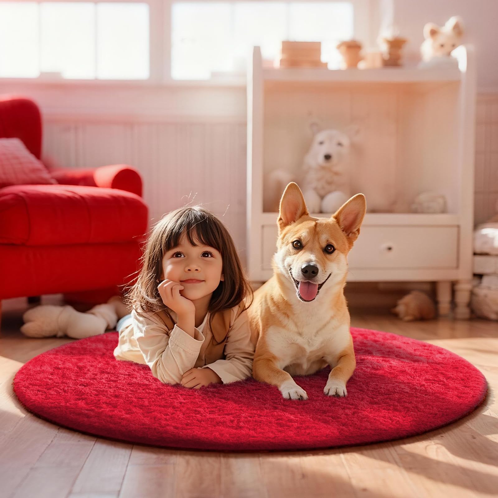 Ophanie Round Rug 4Ft Red Circle nursery decor setup demonstrates safe, kid-friendly warmth
