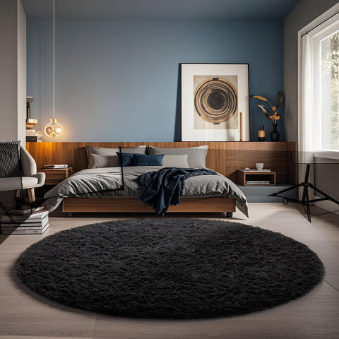 Ophanie round rug 5ft black circle offers plush comfort for cozy living spaces.