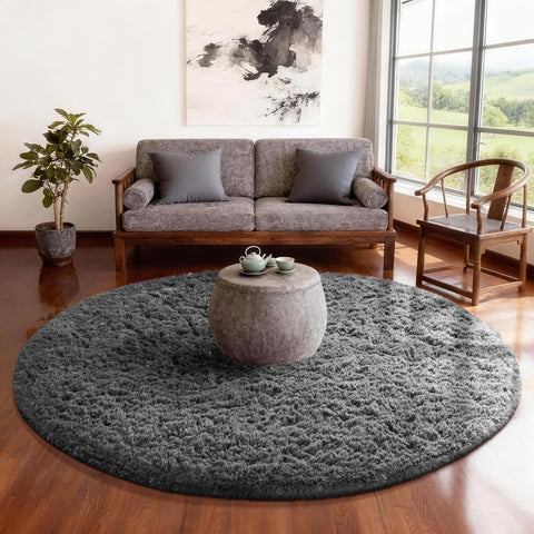 Ophanie round rug 5ft grey circle close-up pile texture for a cozy living space