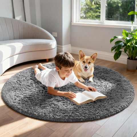Ophanie round rug 5ft grey circle in living room setup complements modern decor