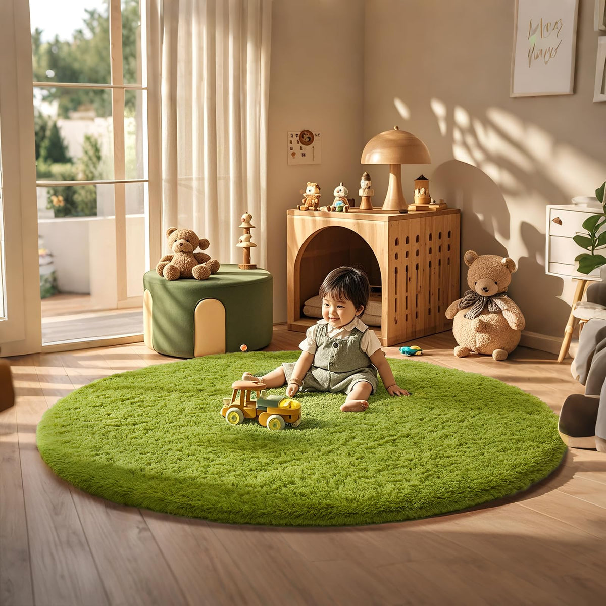 Ophanie round rug 6ft green—plush shag for warm feet in any living space.