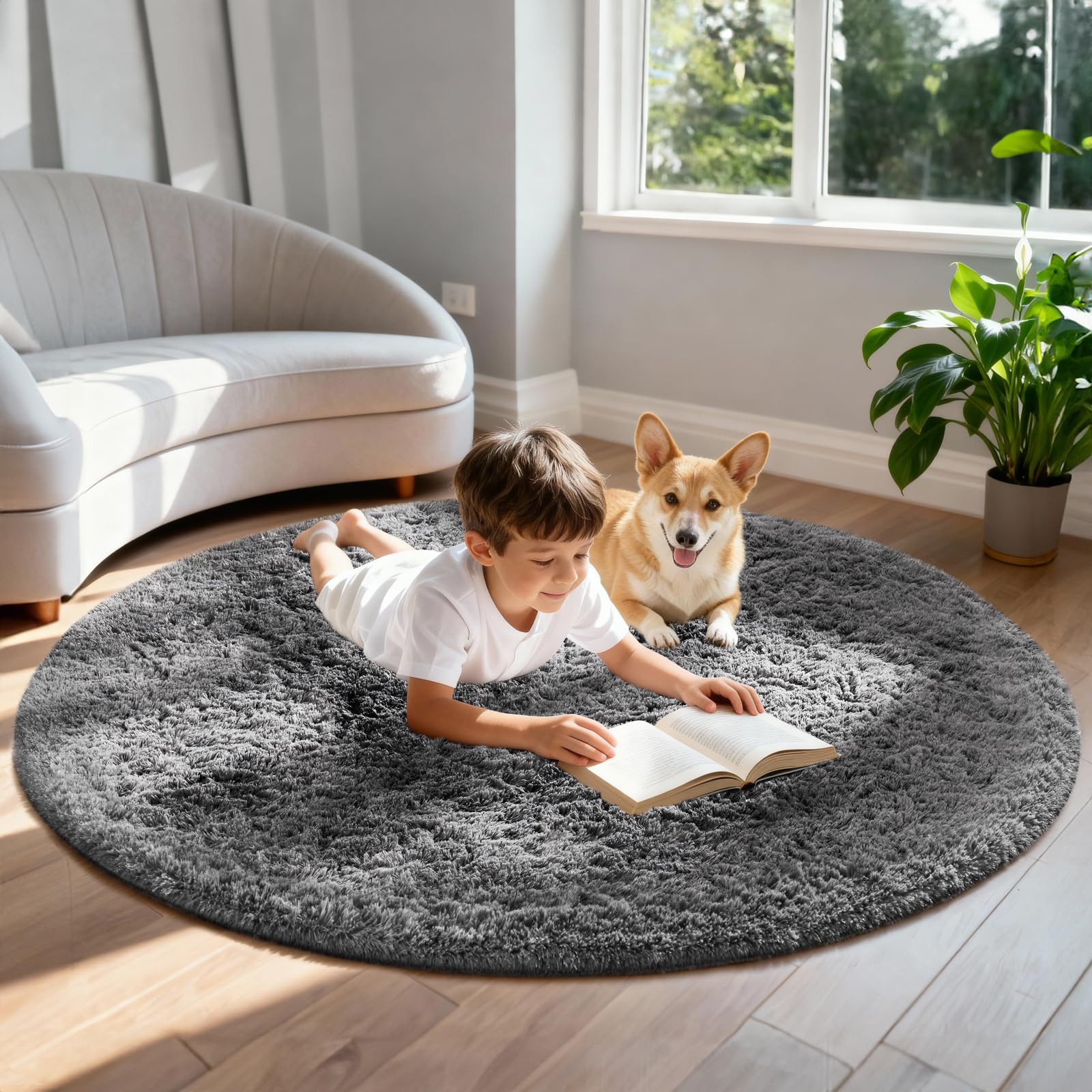 Ophanie round rug 6ft grey circle non-slip bottom prevents slipping