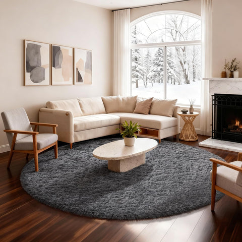 Ophanie round rug 6ft grey circle top view showing cozy ambience