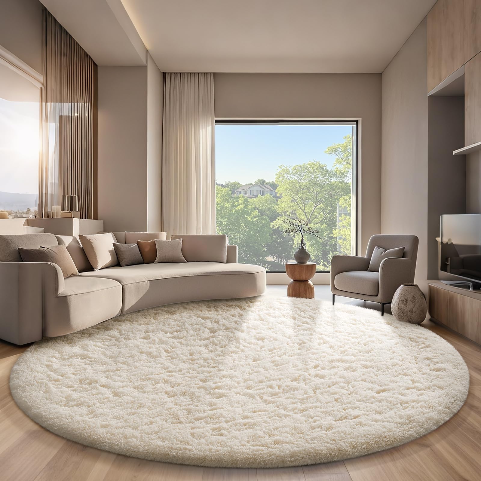 Ophanie round rug 8ft ivory with plush texture for cozy living spaces
