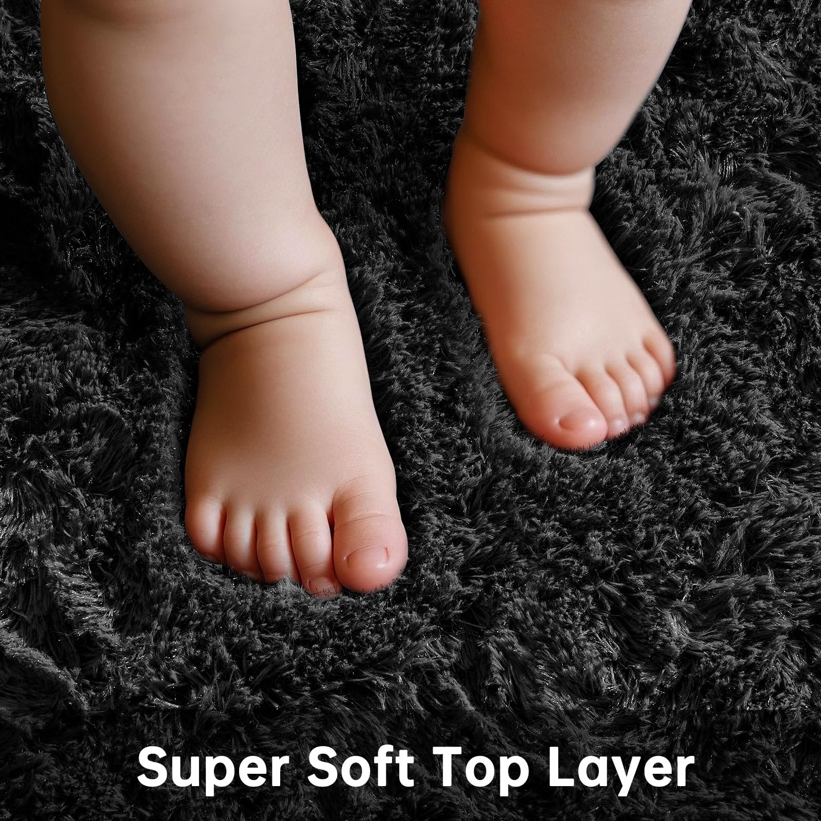 Ophanie fluffy shag rug highlights plush comfort for feet and kids' play areas.