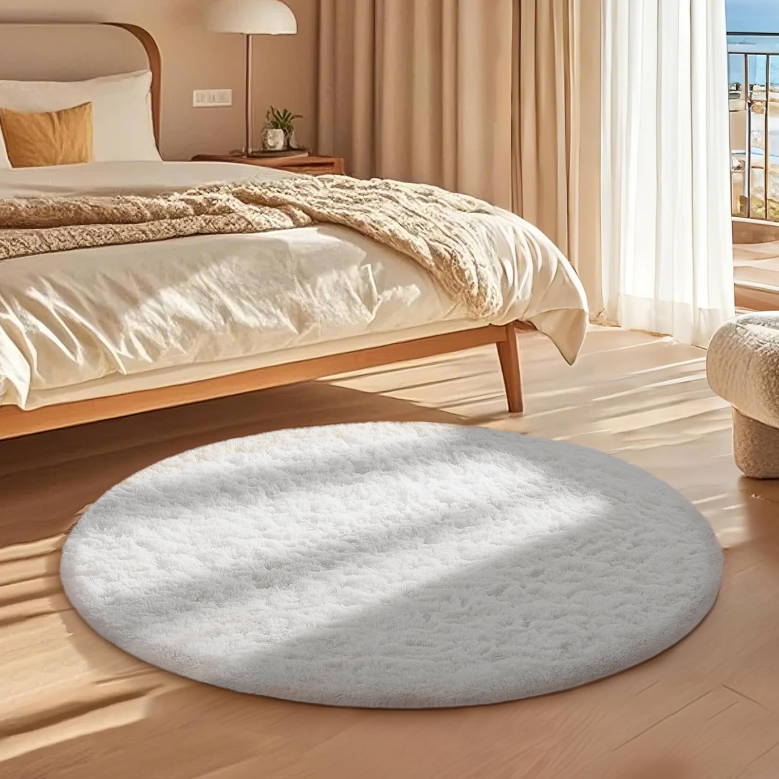 Ophanie white round rug 4ft bedroom corner adds warmth and hygge vibe