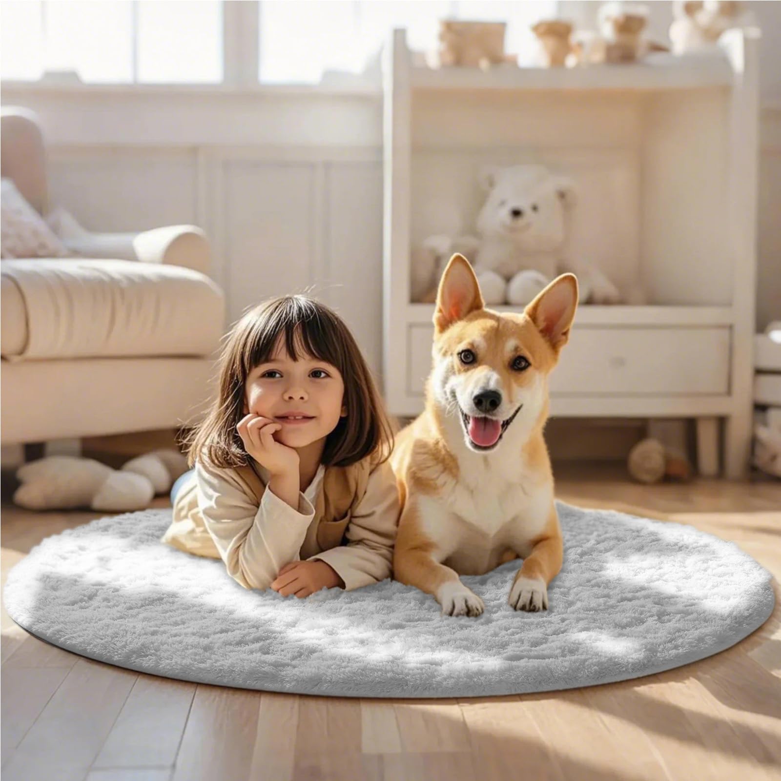 Ophanie white round rug 4ft non-slip bottom ensures safer play on smooth floors