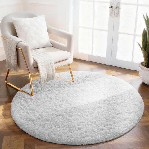 Ophanie white round rug 4ft top view with plush shag for cozy living spaces