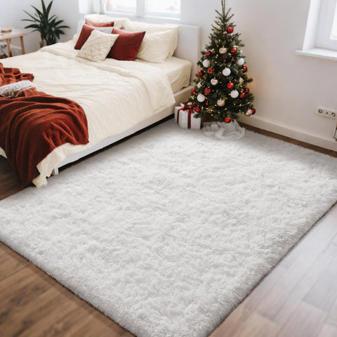 Ophanie White Rug for bedroom with fluffy texture, cozy underfoot.