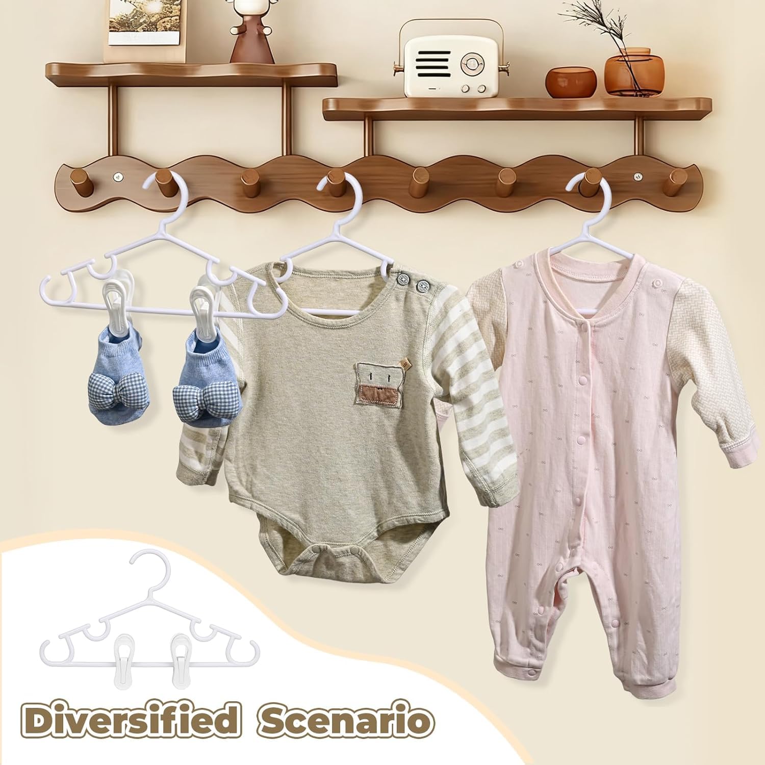 Oppeeye hanger size 10-6x5-5 inches fits baby shirts and onesies.