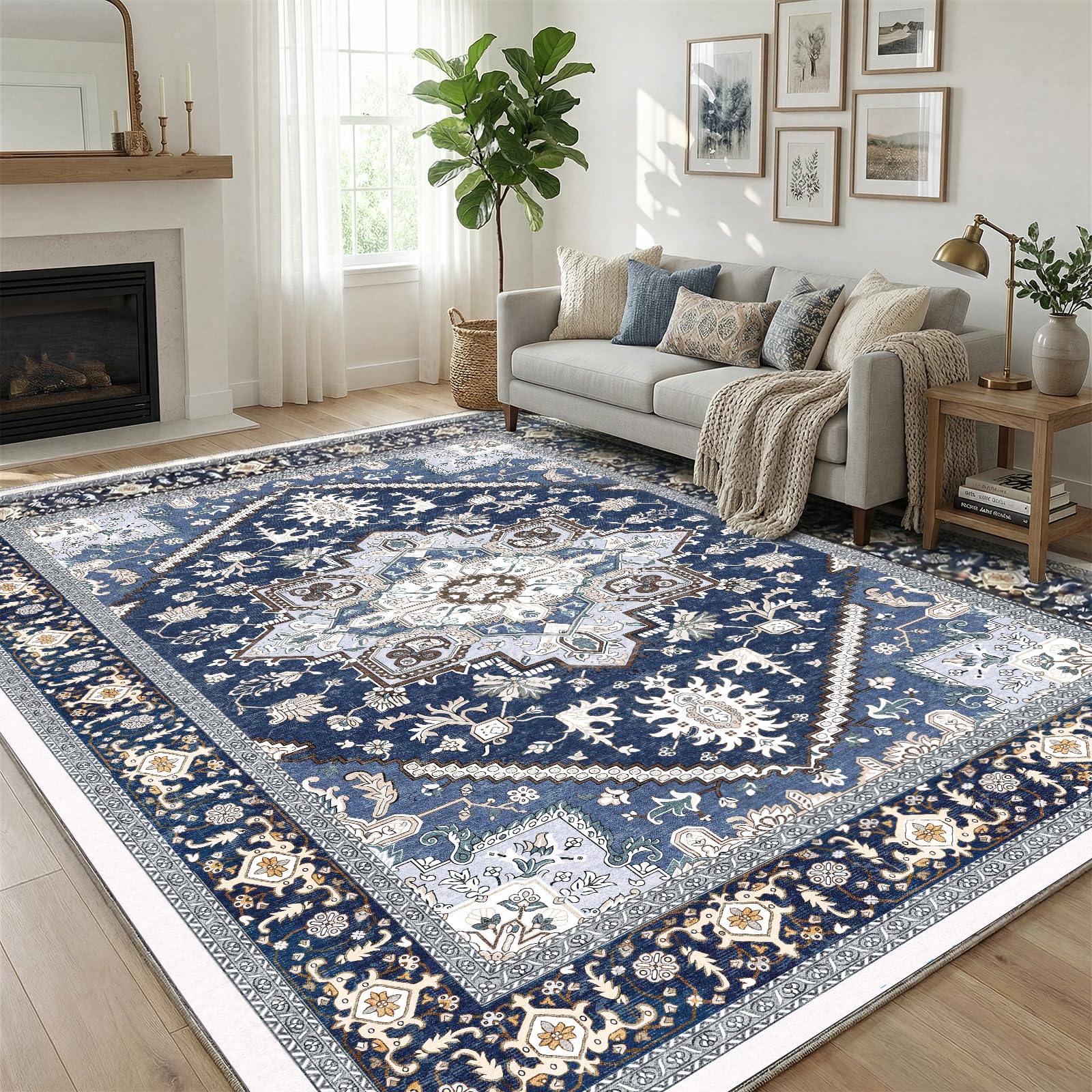 OPPODREAM Soft Area Rug 5x7 top view shows plush navy and gold design for cozy living rooms.