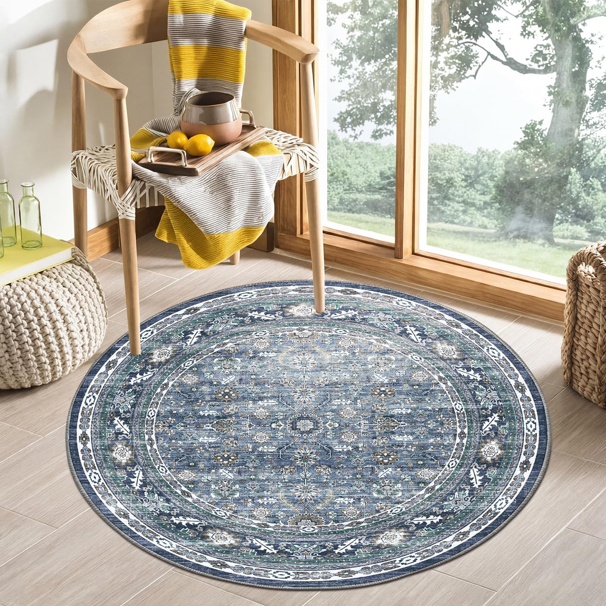 OPPODREAM Vintage Blue Round Rug front view with circular shape and navy color