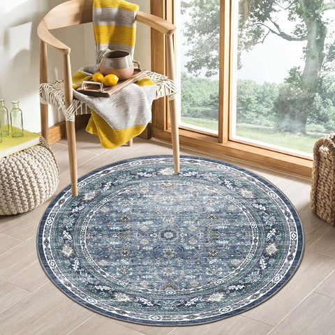 OPPODREAM Vintage Blue Round Rug front view with circular shape and navy color