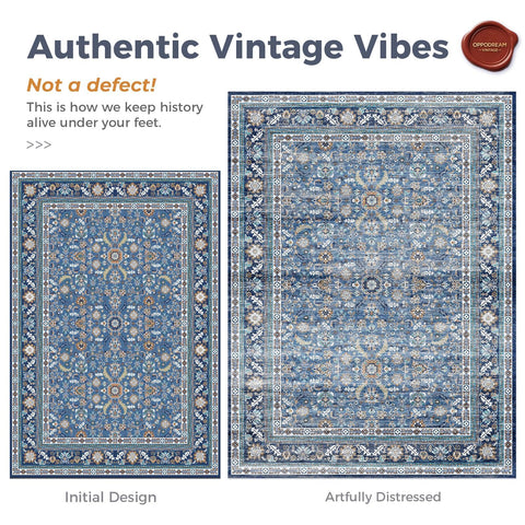 OPPODREAM Vintage Blue Round Rug in dining room scene with circular centerpiece.