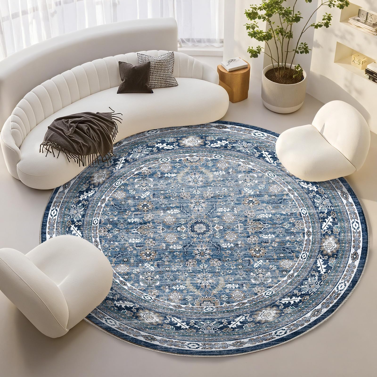 OPPODREAM Vintage Blue Round Rug 8ft with non-slip backing for safe, stylish living room use.