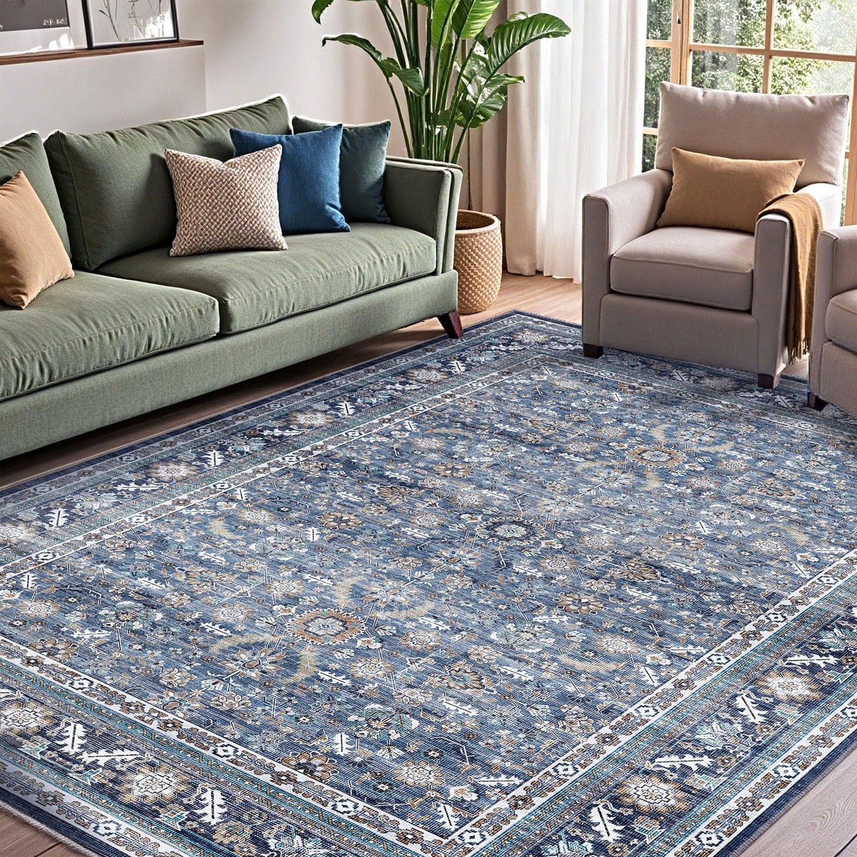 OPPODREAM Vintage Blue Rug 6x9 with soft velvet surface for cozy living rooms.