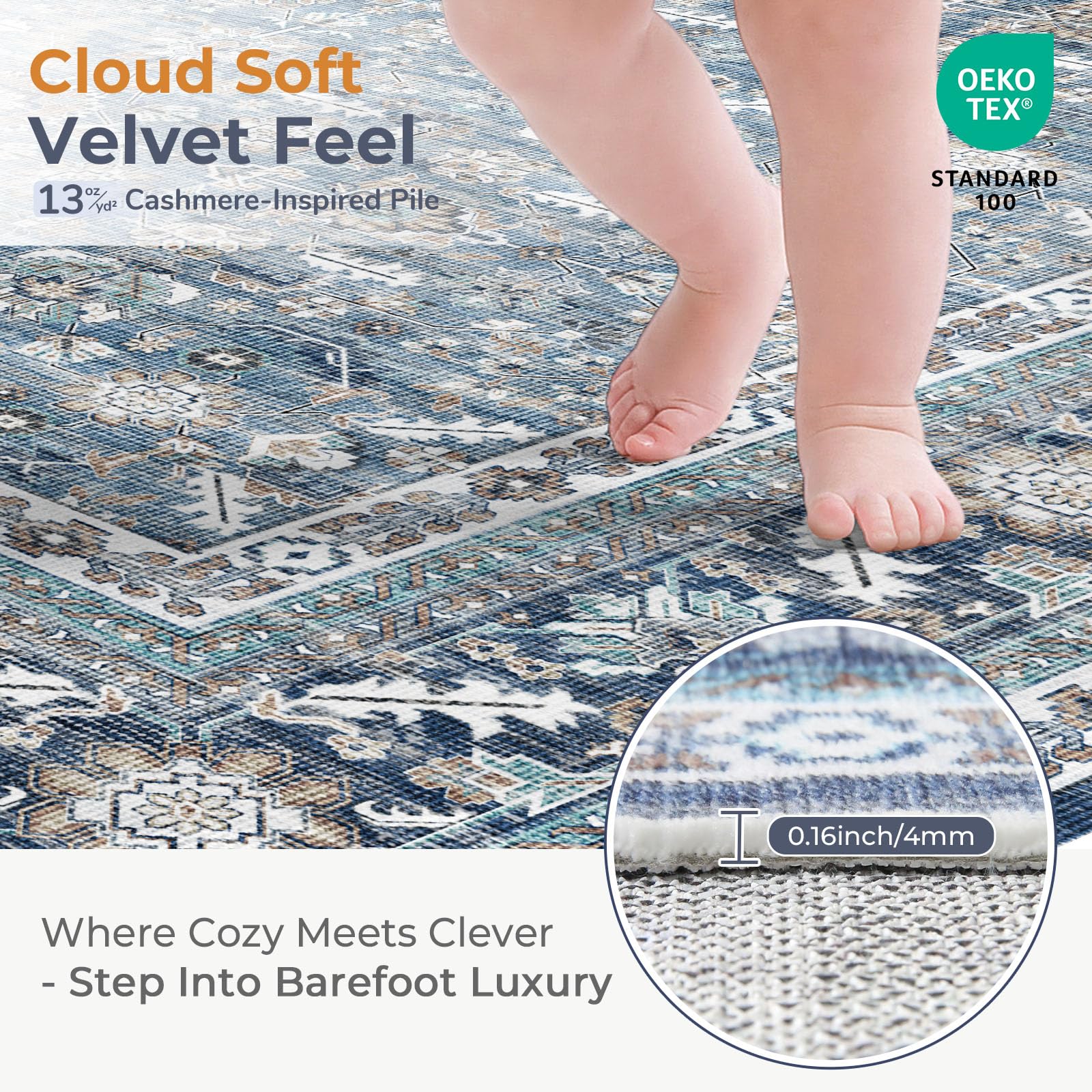OPPODREAM Vintage Blue Rug with non-slip backing to prevent shifting on floors.