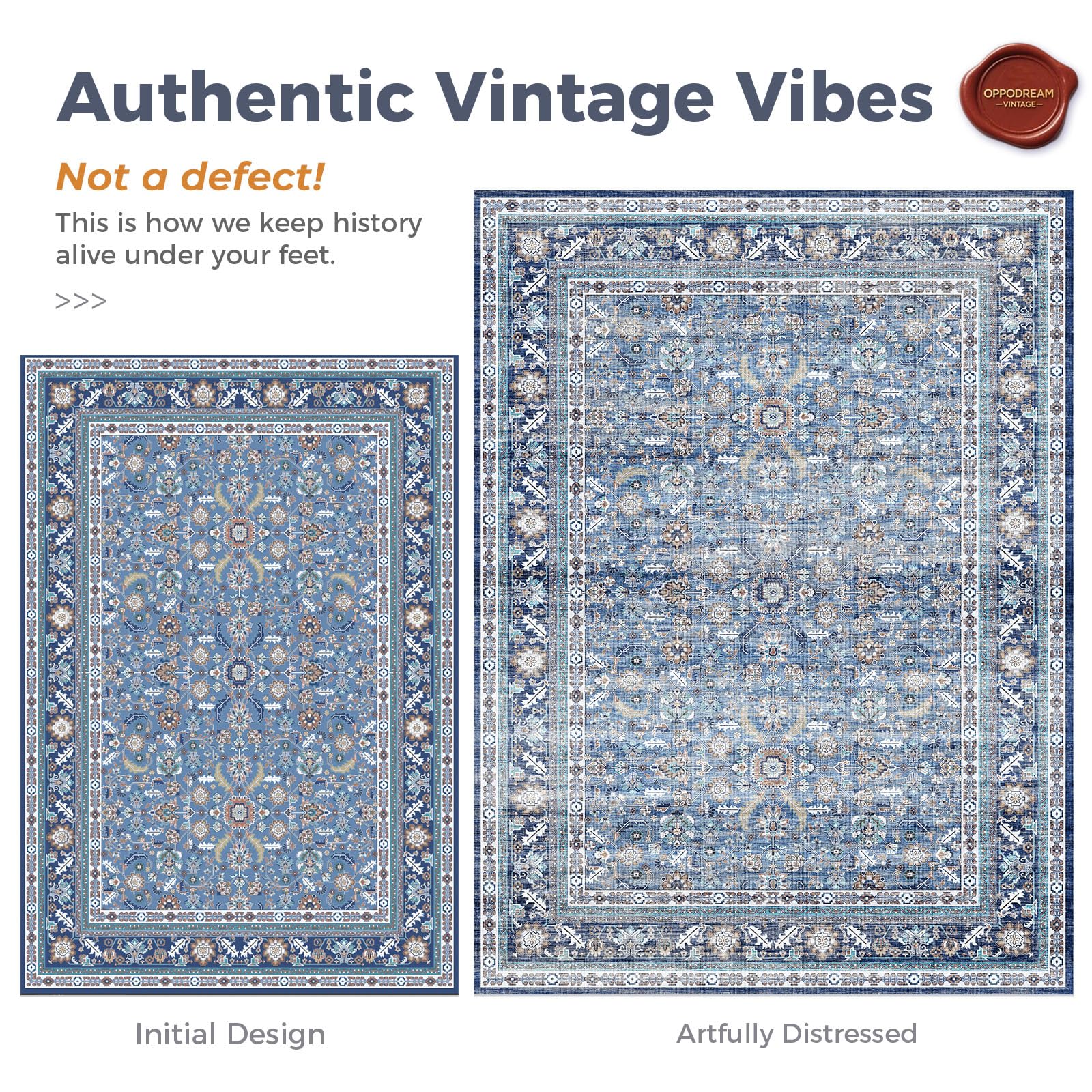 OPPODREAM Vintage Blue Rug plush velvet texture for comfortable daily use.
