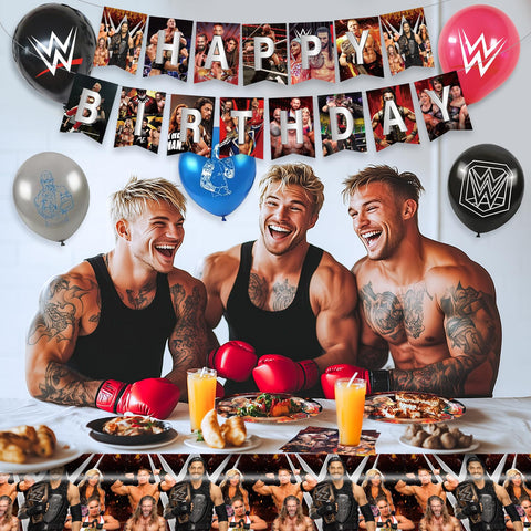 Optiacan wrestling theme patterns create immersive birthday ambiance.
