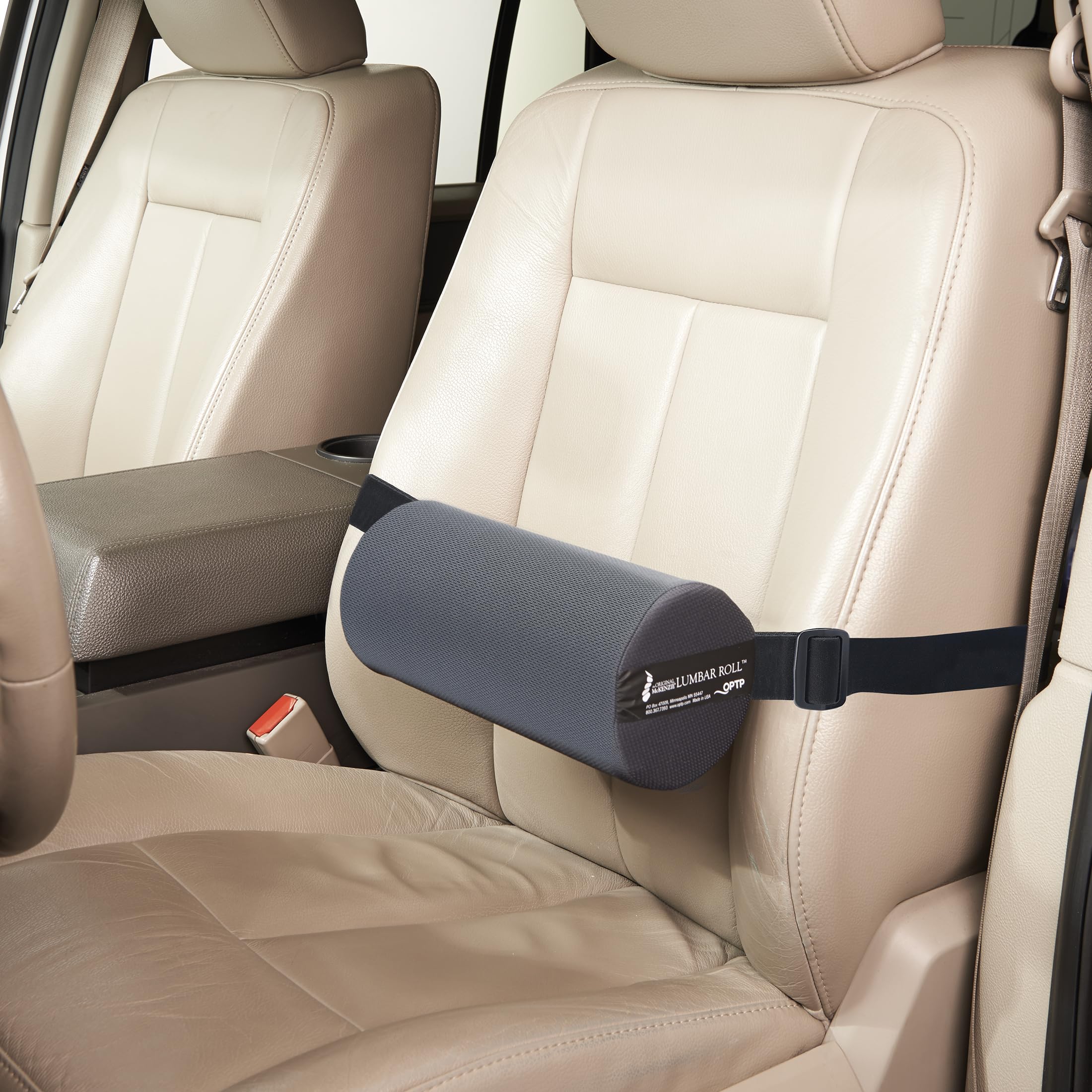 OPTP The Original McKenzie Lumbar Roll strapped around waist demonstrates versatile wear or back support.