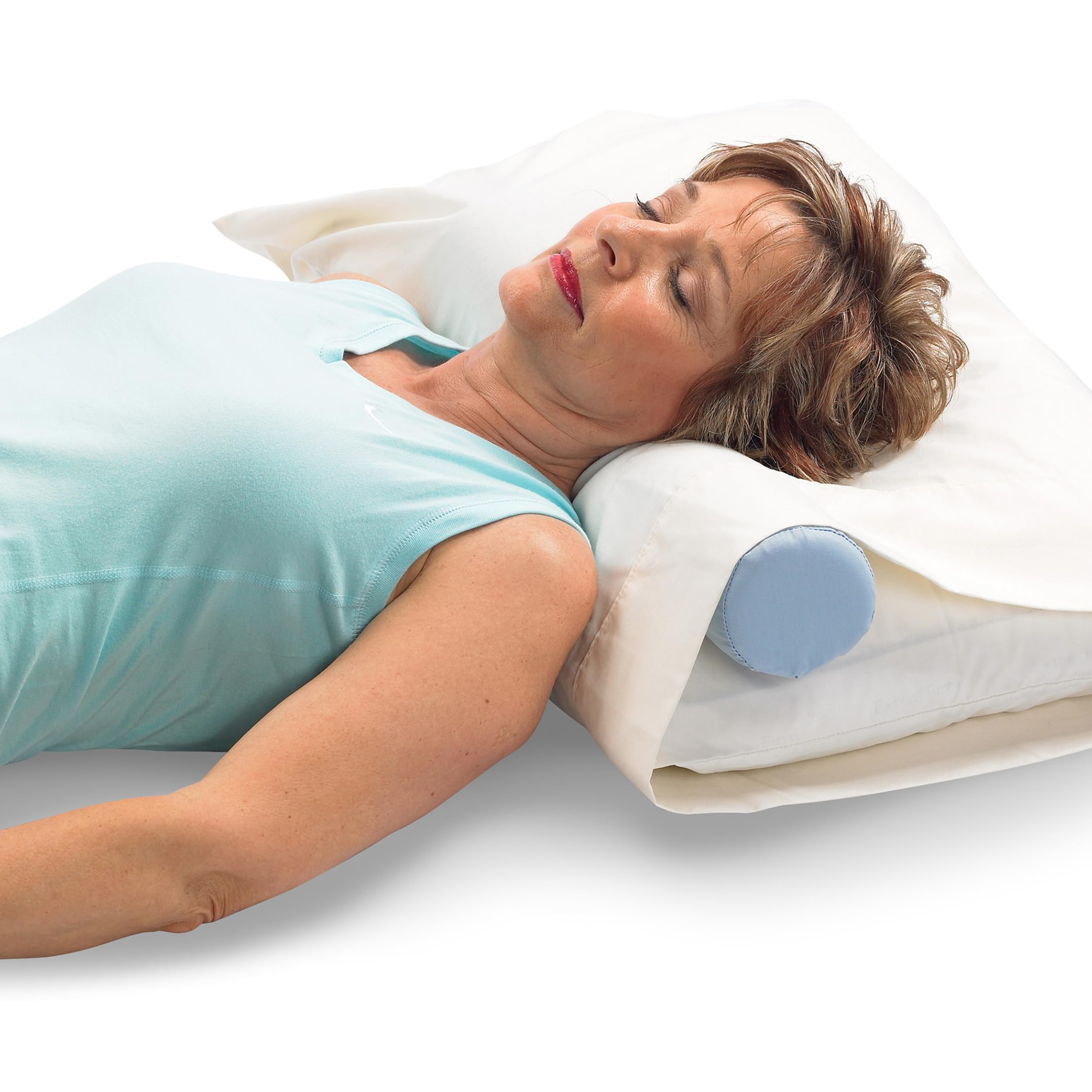 OPTP neck roll shown in bed setup for targeted neck support.