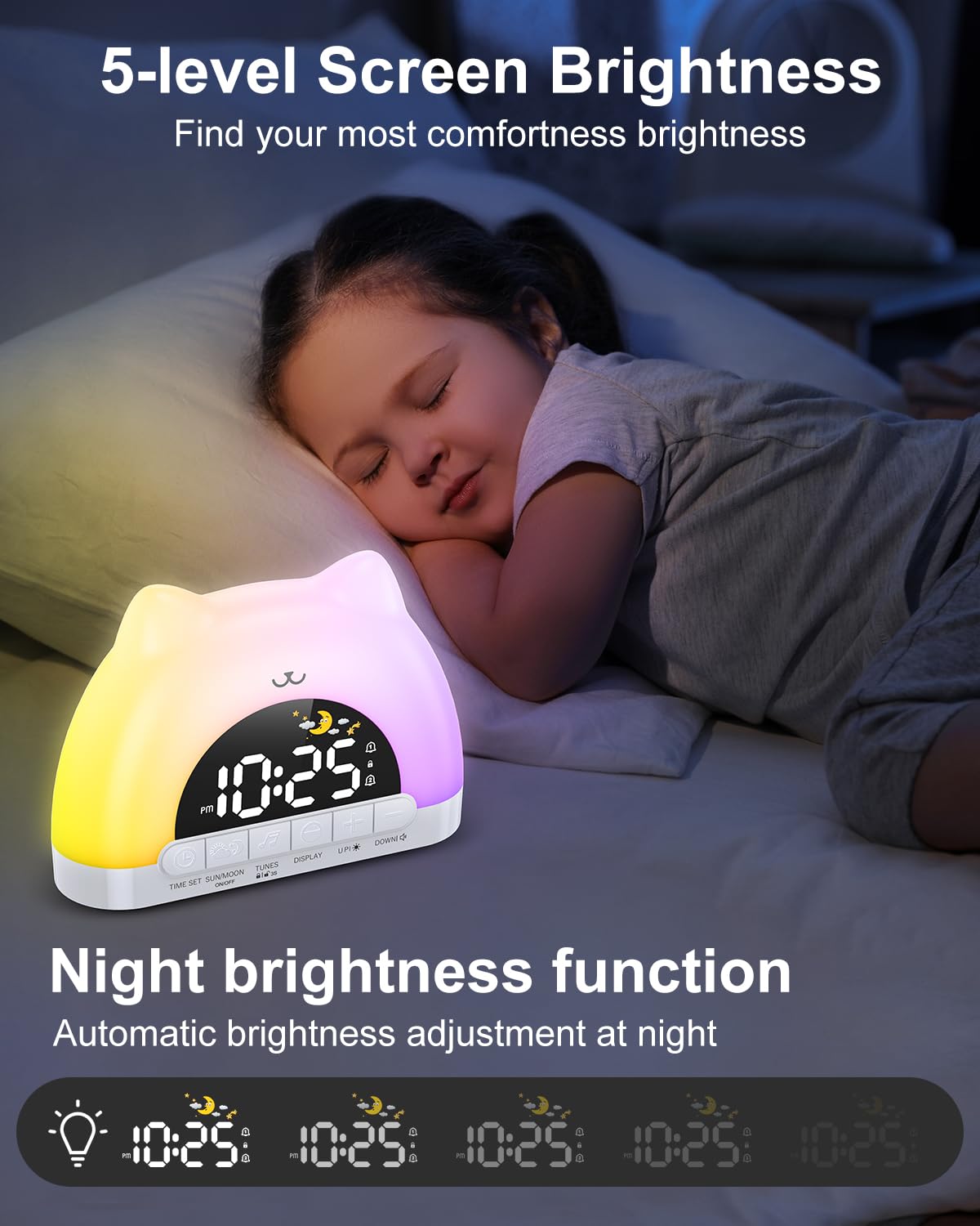OQIMAX bedtime moon icon with colorful lights supports routine.