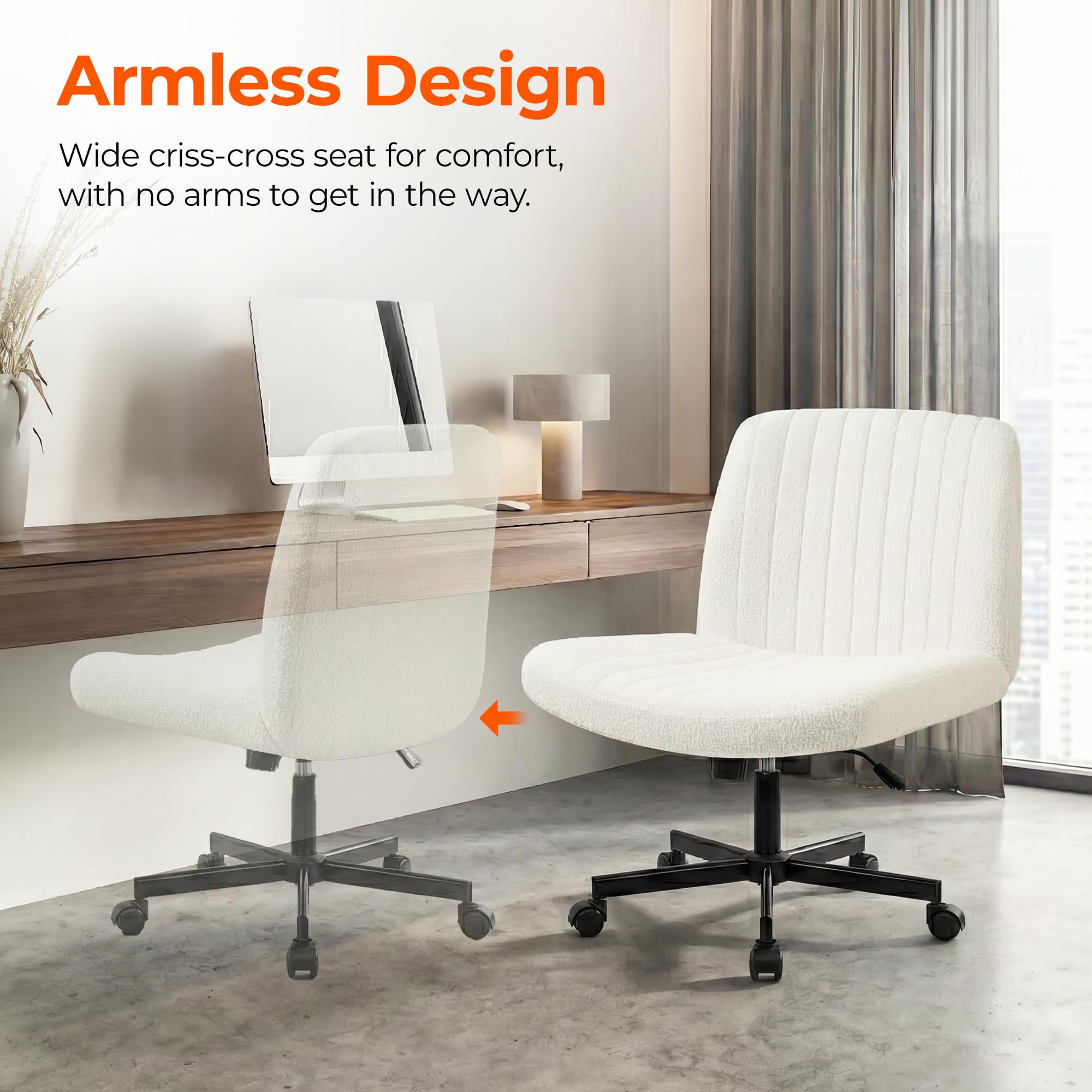 Orange Factory adjustable height and 360° swivel for versatility.