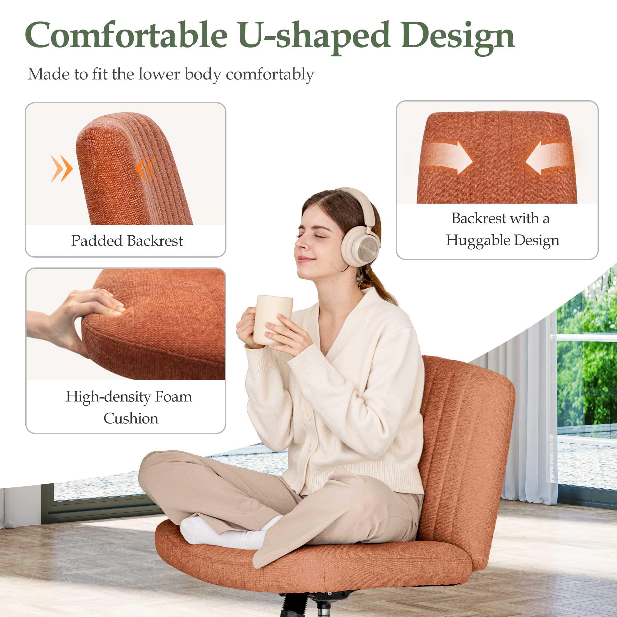Orange Factory Criss Cross Chair featuring 360-degree swivel and tilt for flexibility.