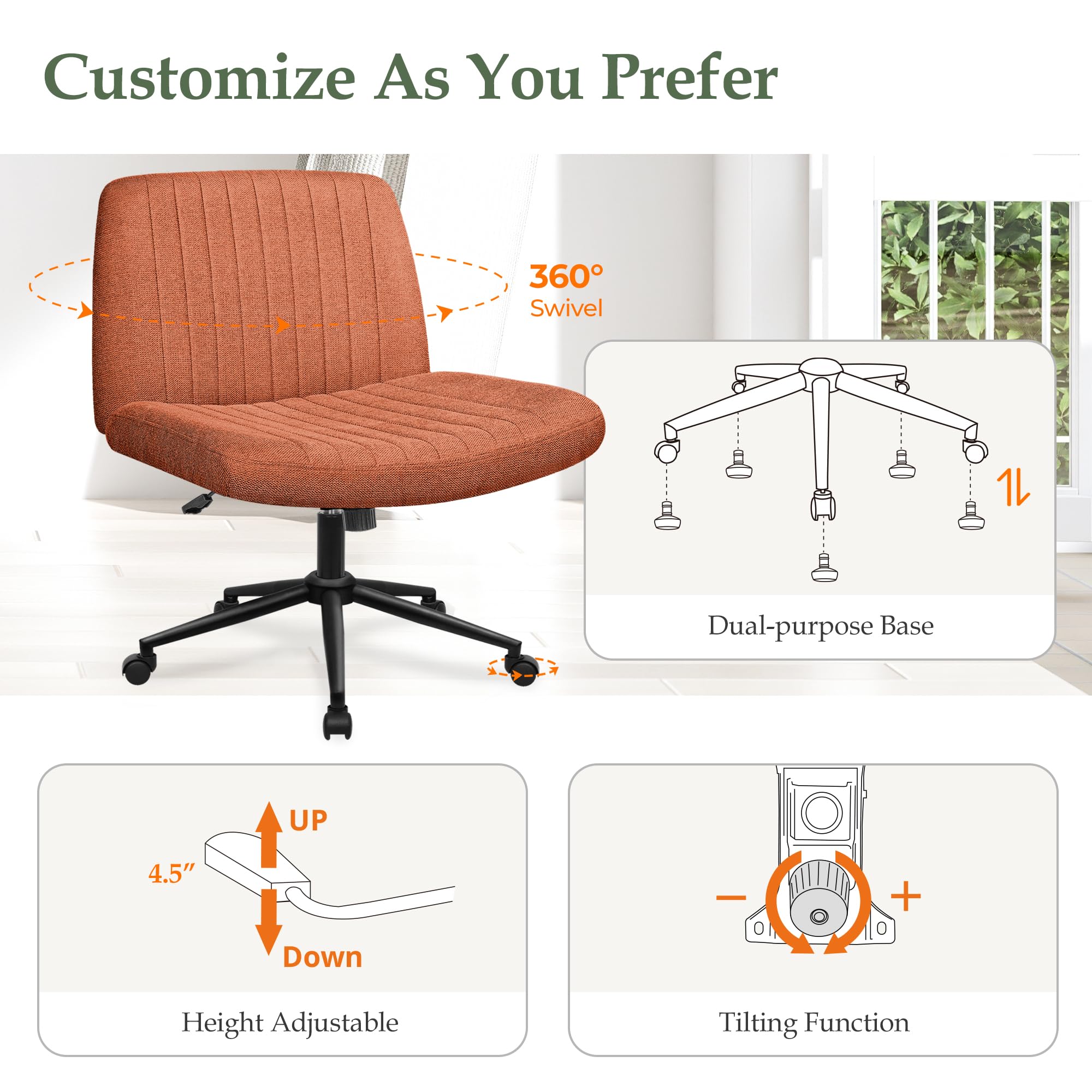 Orange Factory Criss Cross Chair dual-base in brown fabric for stability.
